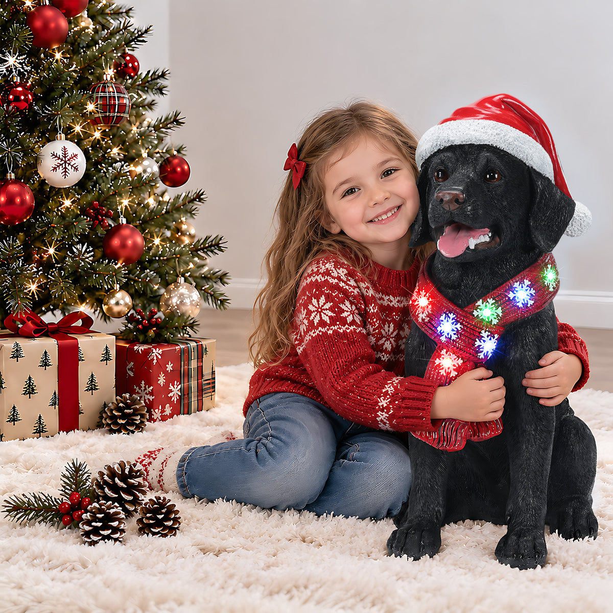 Lighted Christmas Golden Retriever Dog Statue, Santa Hat Puppy Figurine with LED Scarf
