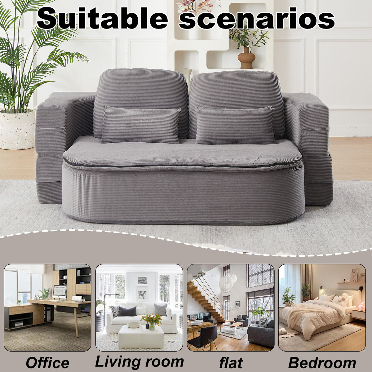 75'' 2-in-1 Foldable Sofa Bed with Multi-Functional Blanket in Grey Corduroy, Convertible Floor Lounge for Living Room Bedroom Studio