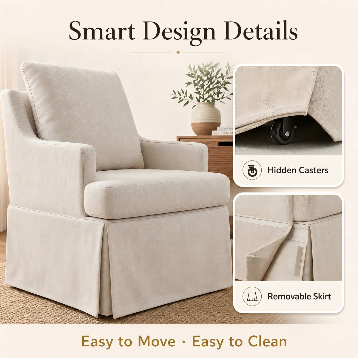 Upholstered Dining Chairs Set of 1, Modern Kitchen Chair Dining Room Chair with 4 Casters, Linen Armchair for Bedroom Reading Room Living Room, Beige