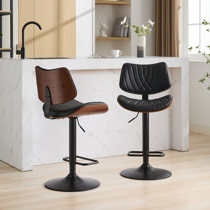 Walnut Bentwood Bar Stools Mid Century Modern Adjustable Counter Height Black Leather Upholstered 360°Swivel Bar Chairs for Kitchen – Model W1143P173514