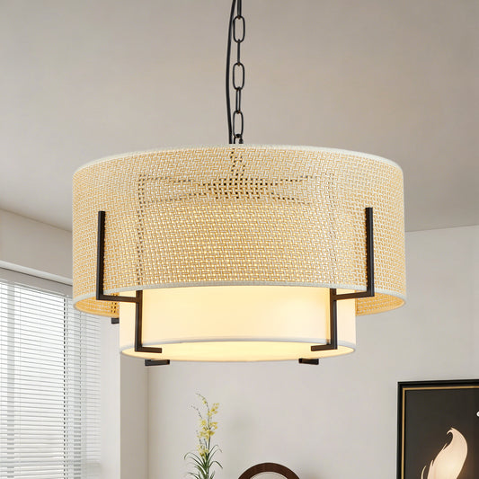 19.7''  Farmhouse Boho Chandelier,4-Light Hand Woven Rattan Pendant Light with Fabric Shade Rustic Drum Chandelier for Dining Room Kitchen Bedroom Foyer Entryway Living Room