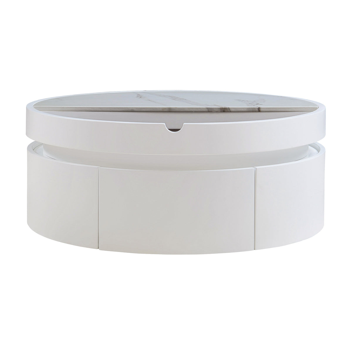 White Round Lift Coffee Table with 1 Drawer in 29.5', Marble Veneer and Wood Grain Tabletop