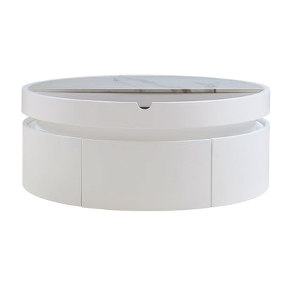 White Round Lift Coffee Table with 1 Drawer in 29.5', Marble Veneer and Wood Grain Tabletop