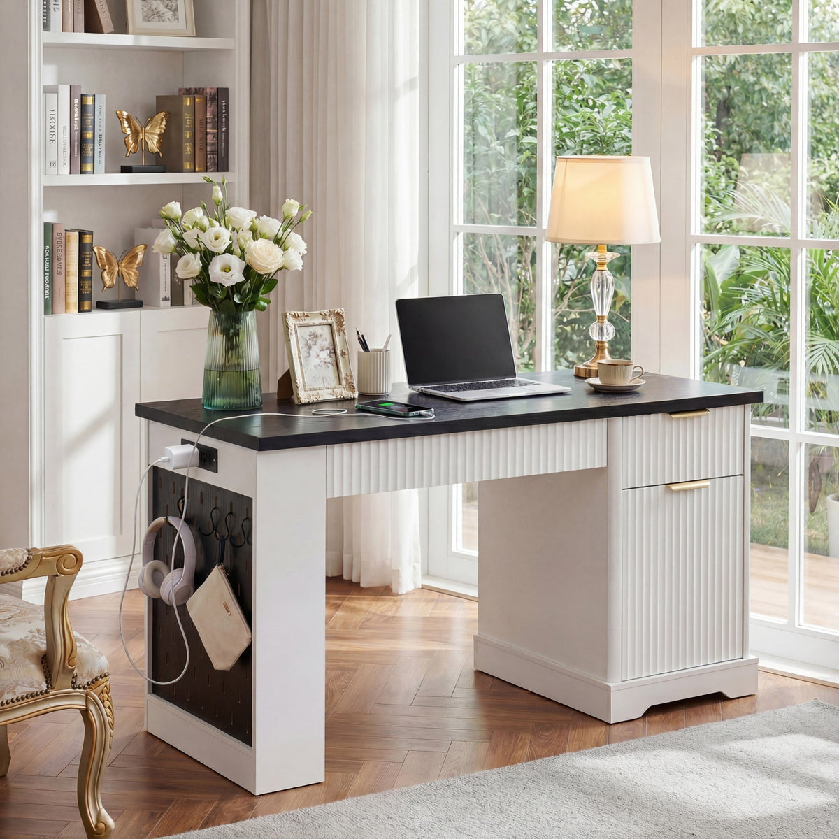 55" Modern Fluted Office Desk with Storage Cabinet & Drawers, Computer Writing Desk with Power Outlet, Pegboard