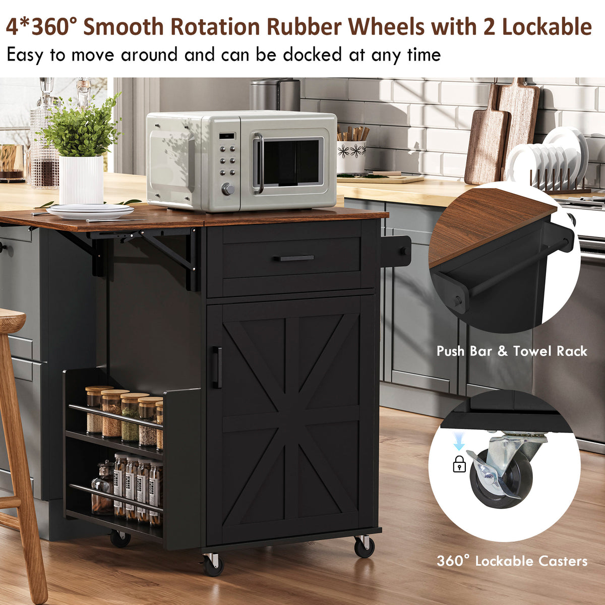 K&K 39.3" Farmhouse Kitchen Island with Drop Leaf, Kitchen Storage Island with Open Side Rack, One Drawer, Towel Rack – Black