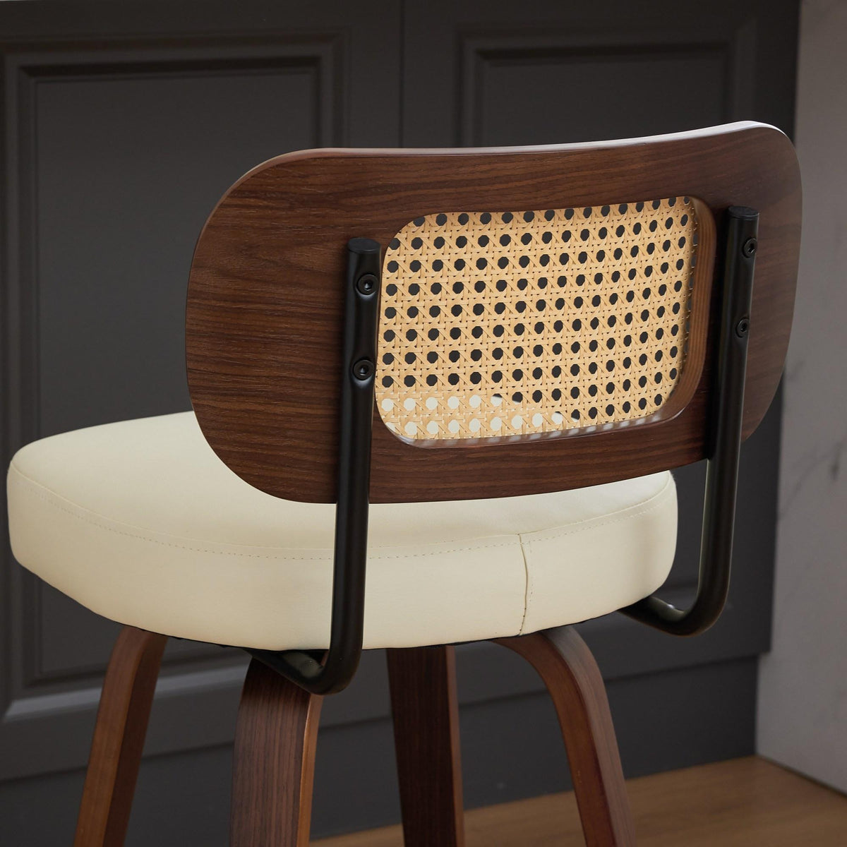 Set of 2 Counter Height Bar Stools - 26 inch Rattan Counter Height Stools with Cane Back, Upholstered Seat, Walnut Craftsmanship, Swivel Counter Stools for Island/Kitchen/Counter/Bar (Walnut /Beige)