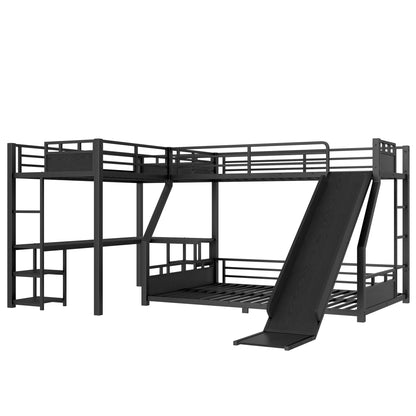 L-Shaped Metal Bunk Bed (Top bed: twin xl, bottom bed: queen) with Single Loft Bed, Desk, and Storage Shelves, USB Charging Port Included - Metal Triple Bunk Bed with Slide,B