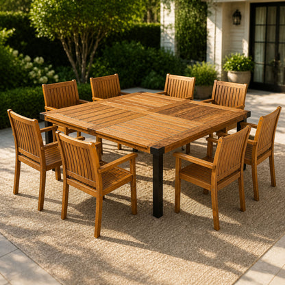 9‑Piece Acacia Wood Outdoor Dining Set, 64" Square Teak Finish Wooden Patio Table with 8 Arm Chairs, Slatted Tabletop & Chair Back, Ideal for Backyard Garden Patio