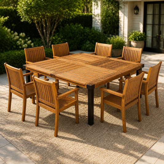 9‑Piece Acacia Wood Outdoor Dining Set, 64" Square Teak Finish Wooden Patio Table with 8 Arm Chairs, Slatted Tabletop & Chair Back, Ideal for Backyard Garden Patio