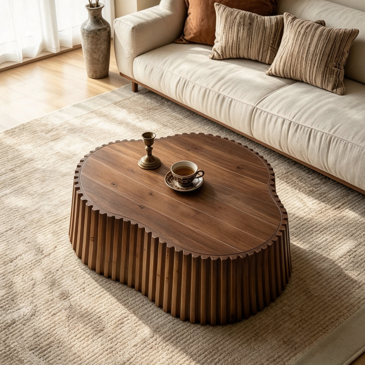 31.5' Scalloped Coffee Table, Fluted Wood Coffee Table with Wood Veneer Top and Solid Pine Slat Sides, Organic Curved Coffee Table for Living Room