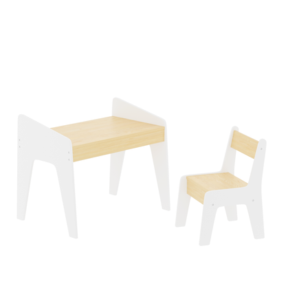 Kids Table Set with One Chair, Wooden Children Study Table, 2-8 Age Kids Funiture, White+Natural