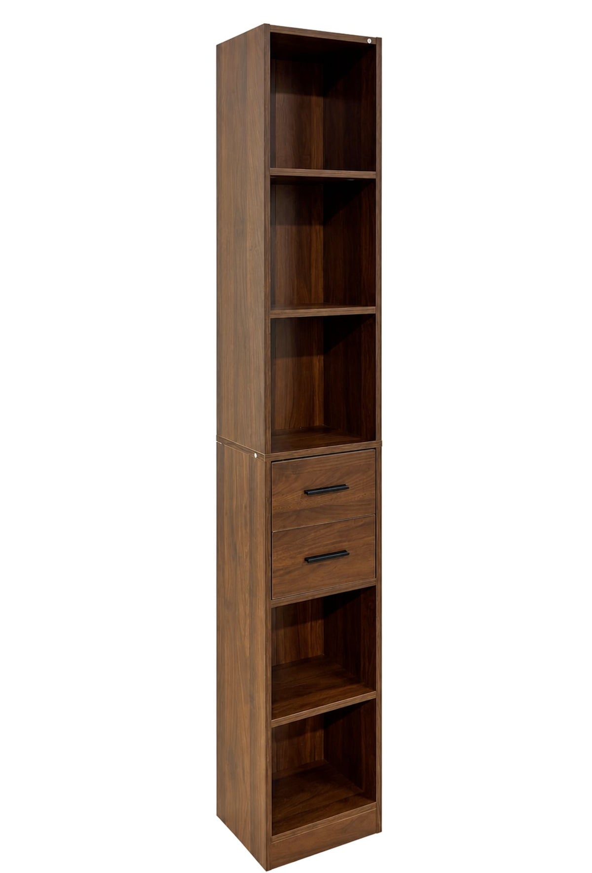 Tall Narrow Bookshelf, Slim Floor-Standing Storage Cabinet with 2 Drawers & 5 Open Shelves, Display cabinet for Living Room, Bedroom, Bathroom