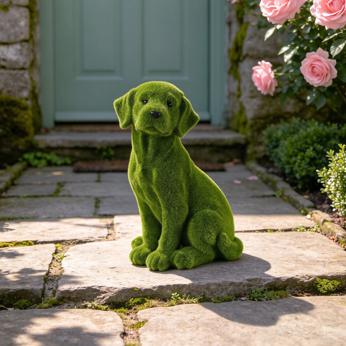 13.4' Garden Statue, Flocked Dog Figurine Style B, Resin Green Grass Effect Puppy Sculpture, Yard Lawn Patio Flower Bed Landscape Ornament, Decor Gift for Garden & Pet Lovers