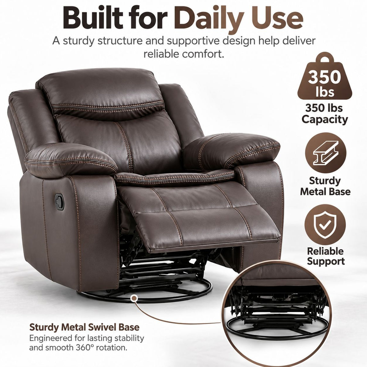 Faux Leather Swivel Recliner Chair, Manual Reclining Armchair with 360° Swivel Base, Padded Backrest & Armrests