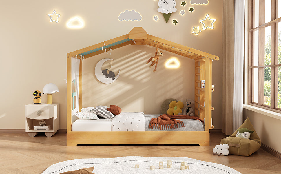 Twin Size House Bed with Twin Size Trundle and Side Shelves, Natural