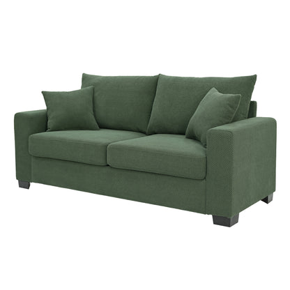 69-inch two-seater  Sofa with Textured Fabric, Comfortable Upholstered Couch with 2 Throw Pillows and Sturdy Plastic Legs for Living Room, Apartment, Office,  Dark Green