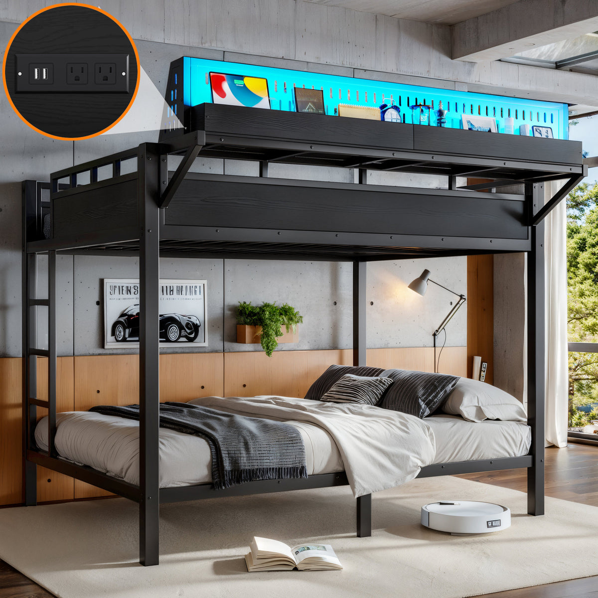 Queen over Queen Size Metal Bunk Bed with Storage Shelves and Pegboard, Bunk Bed Frame with USB Ports and LED Lights, Space-Saving, for Teens and Adults, Black