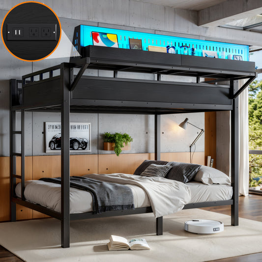Queen over Queen Size Metal Bunk Bed with Storage Shelves and Pegboard, Bunk Bed Frame with USB Ports and LED Lights, Space-Saving, for Teens and Adults, Black