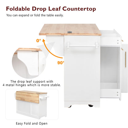 K&K 59.3" Kitchen Island with Storage 2 Pull Out Cabinet Organizers & Rubber Wood Drop Leaf, Rolling Kitchen Island with Trash Can Storage