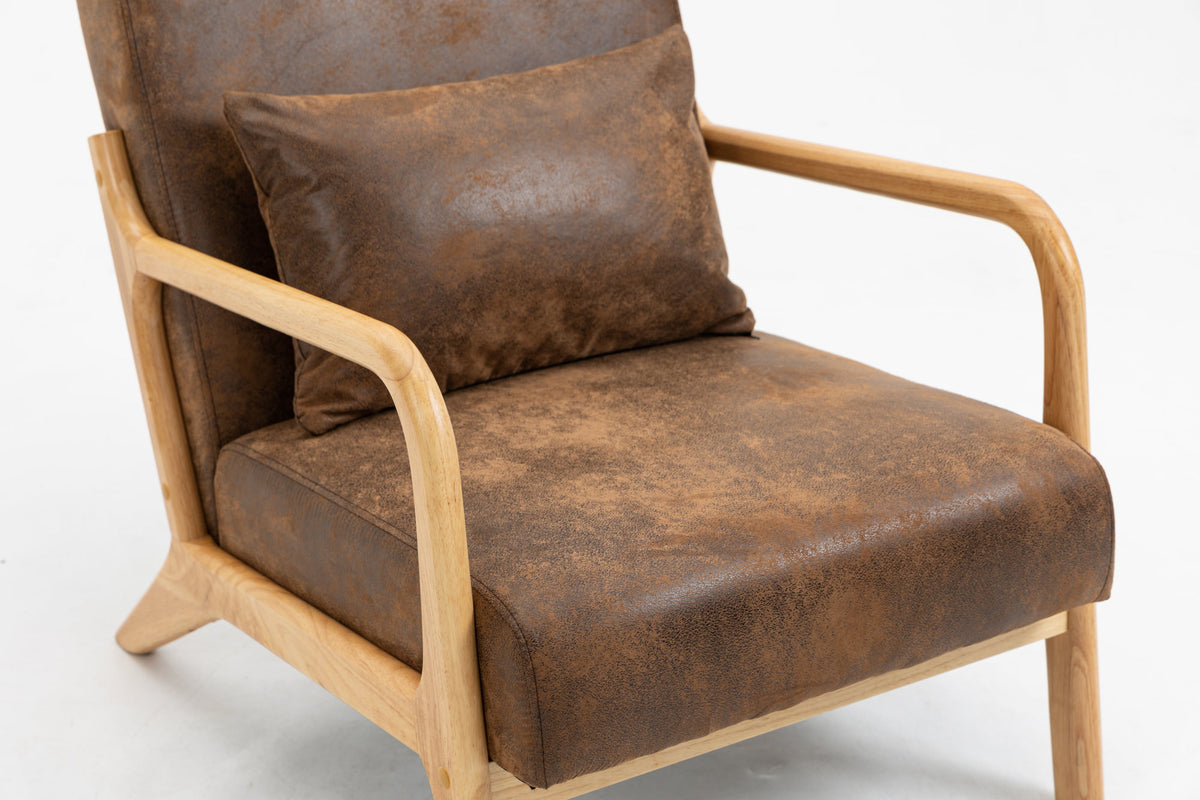 Mid Century Modern Accent Chair with Wood Frame, Upholstered Living Room Chairs with Waist Cushion, Reading Armchair for Bedroom Sunroom – Antique Brown