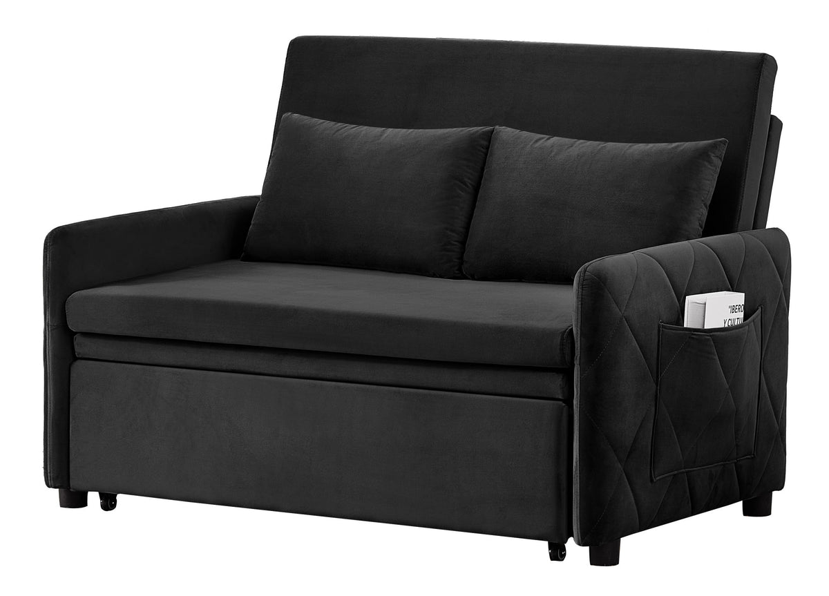 51.2' Velvet Convertible Sleeper Sofa Bed, 5-Position Adjustable Backrest Loveseat with Pull-Out Bed, Side Pocket, Multi-Functional 2-Seater Couch for Living Room, Apartment, Small Space