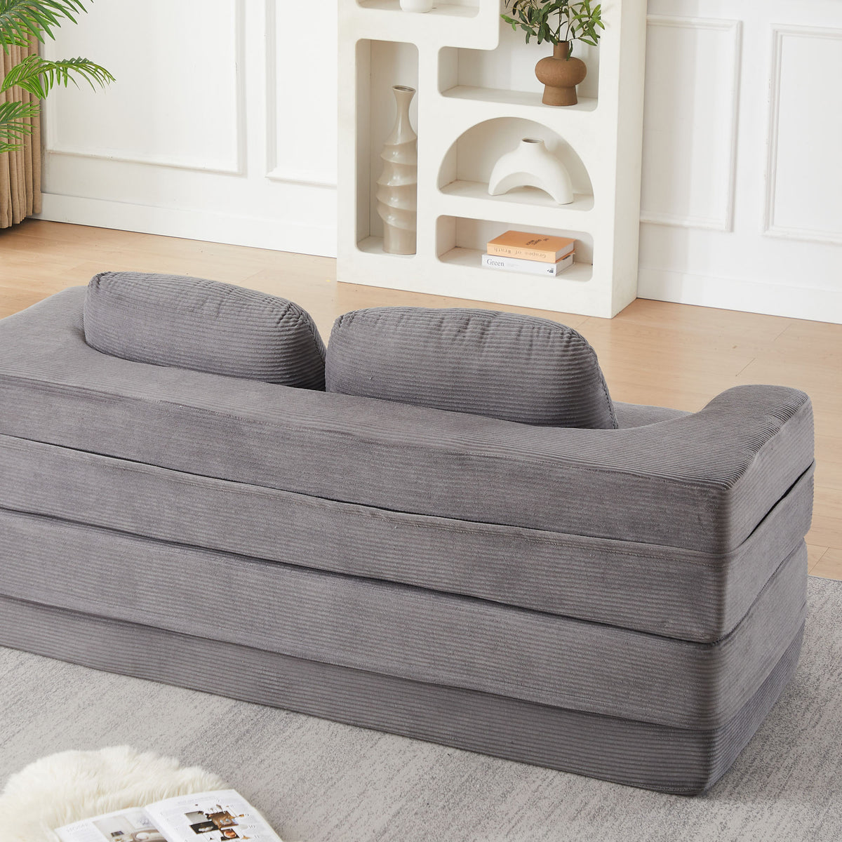 75'' 2-in-1 Foldable Sofa Bed with Multi-Functional Blanket in Grey Corduroy, Convertible Floor Lounge for Living Room Bedroom Studio