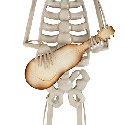 Halloween Skeleton Guitar Yard Decoration, 61.8 Inch Metal Statue with Purple Hat and Bow Tie in Ivory White for Outdoor Porch, Lawn, and Party Decor