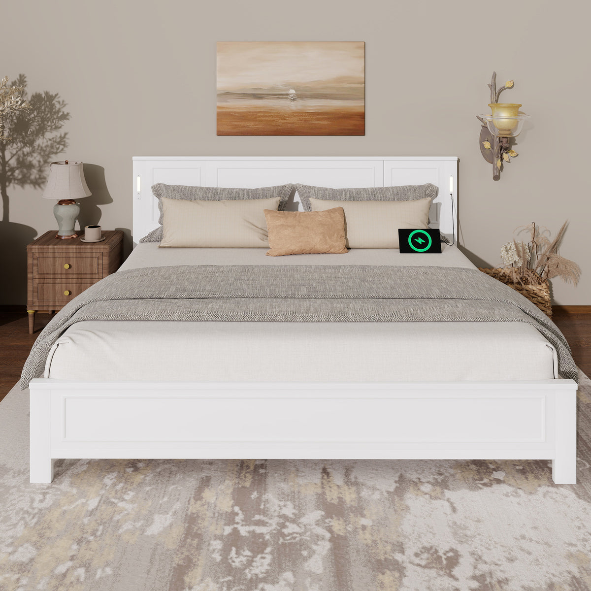 King Size Bed with Tall-Panel Headboard & Footboard, Built-in LED Lights, USB Charging Station, Pinewood Bed with Strengthened Bed Frame