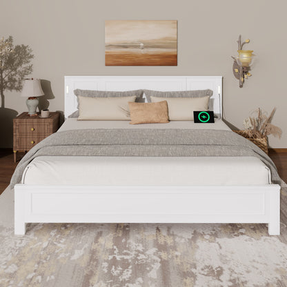 King Size Bed with Tall-Panel Headboard & Footboard, Built-in LED Lights, USB Charging Station, Pinewood Bed with Strengthened Bed Frame