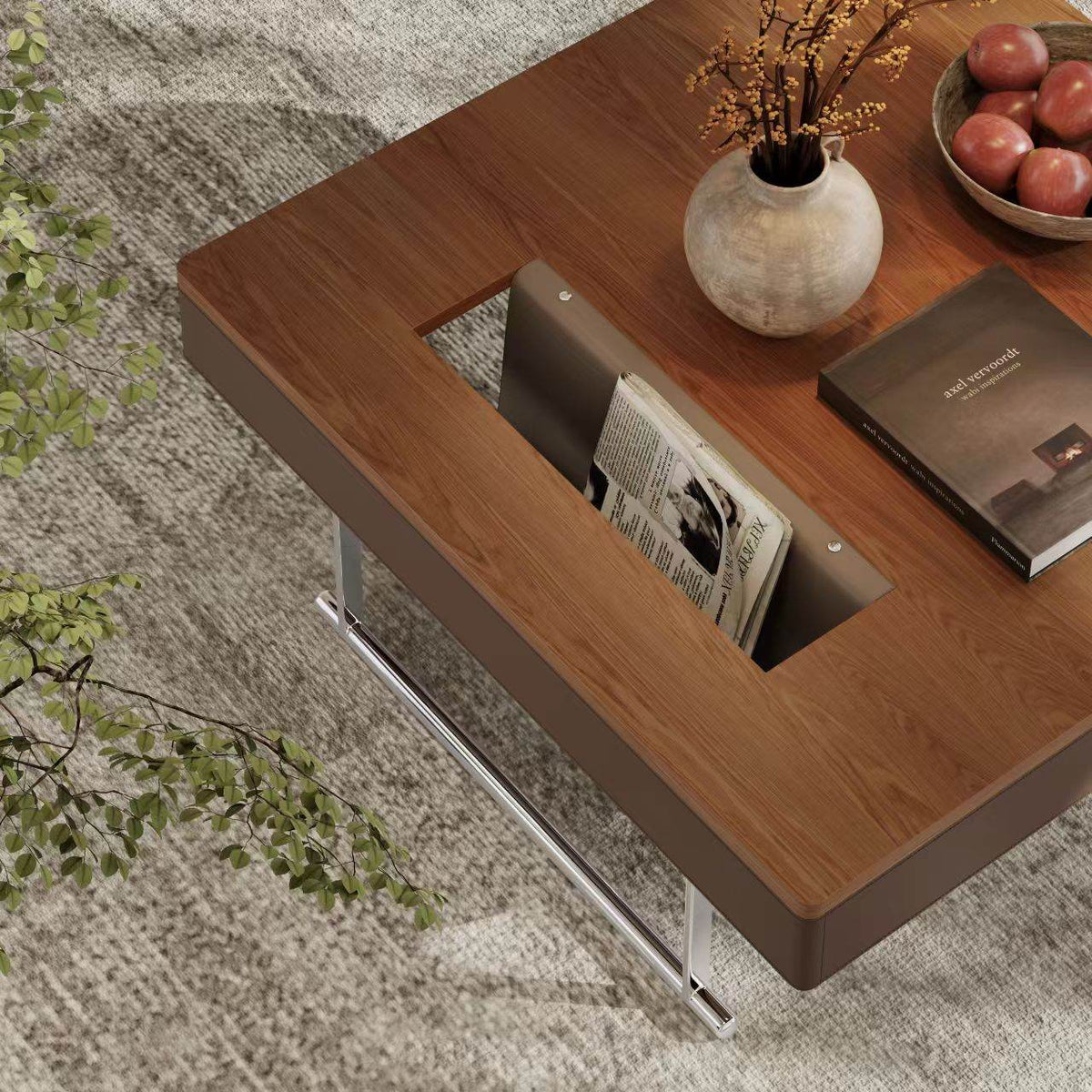 35.43" Square Walnut Coffee Table with Thickened Tabletop, Saddle Leather-Wrapped Edge and Polished Stainless Steel Base, Modern Cocktail Table for Living Room