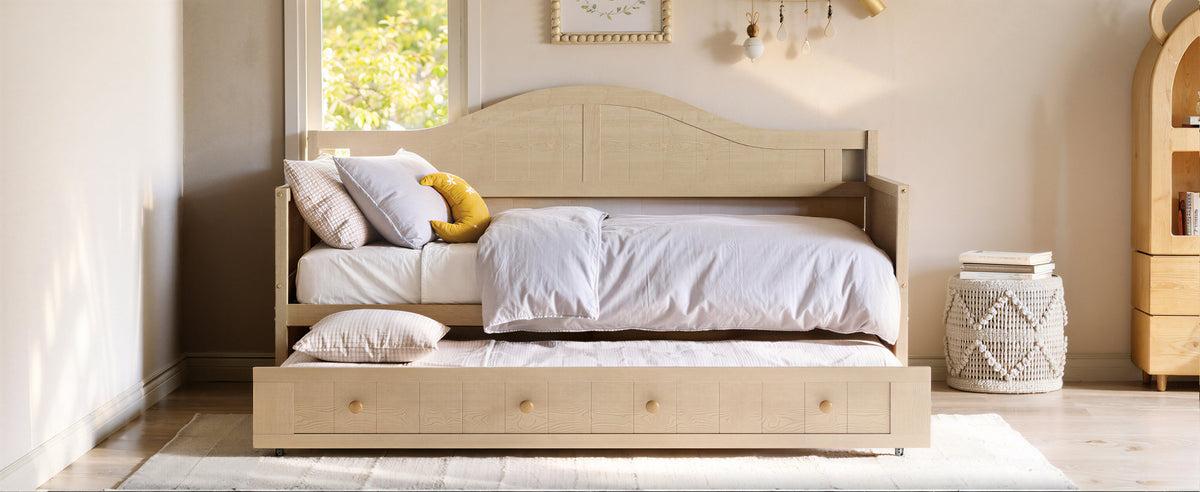 Twin Solid Wood Daybed with Drawer Rolling Trundle, Multi-Purpose Single Sofa Bed for Bedroom Living Room,Natural