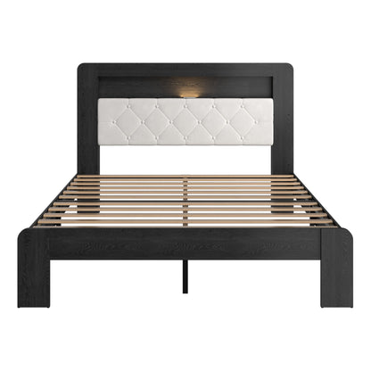 Queen Platform Bed Frame, Black Wood Look Frame with Soft Velvet , Sturdy Wood Slat Support System, Easy to Assemble, No Box Spring Required, Luxury Bedroom Furniture