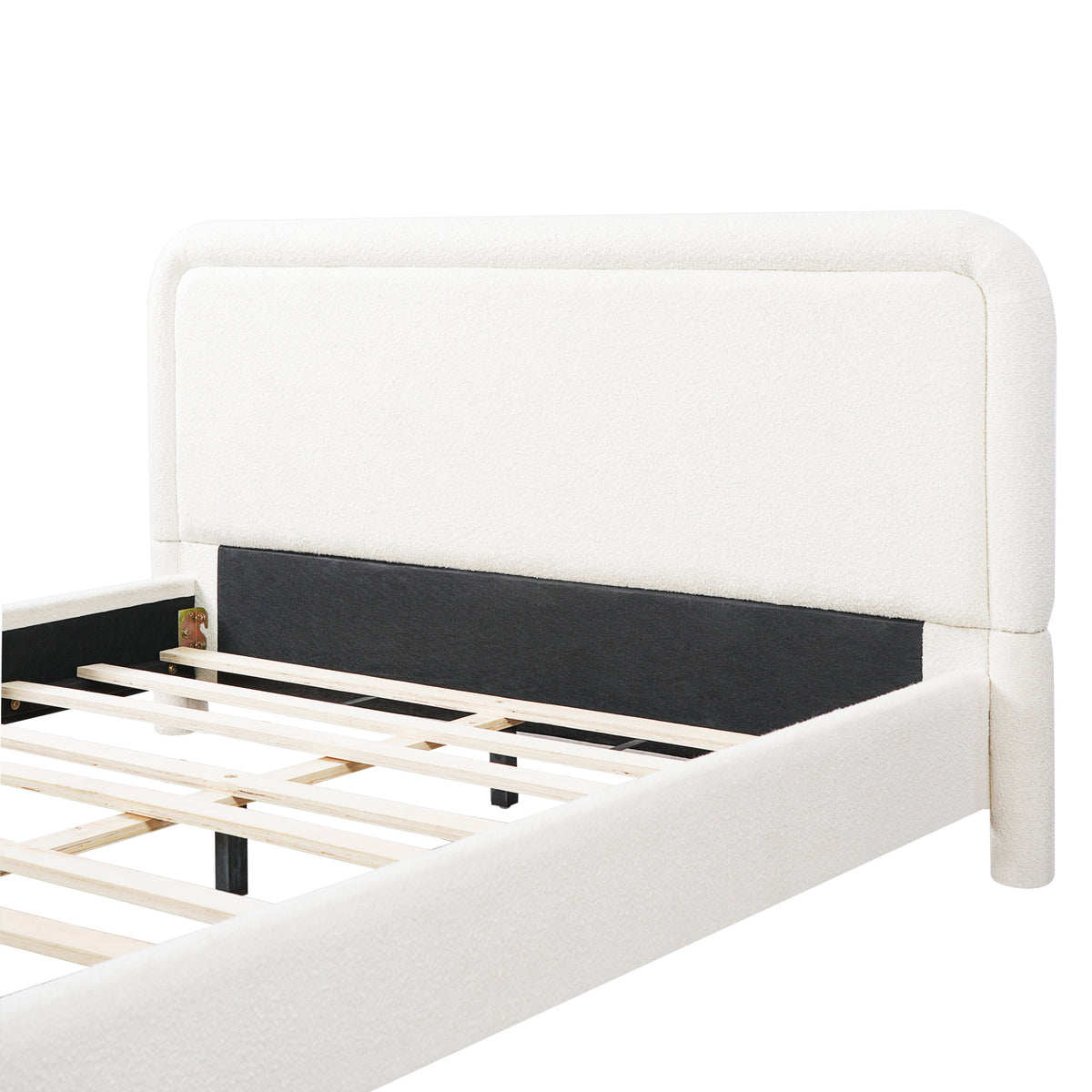 Modern White Boucle Upholstered Queen Platform Bed Frame with Curved Headboard, Wood Slats Support, No Box Spring Needed, Easy Assembly