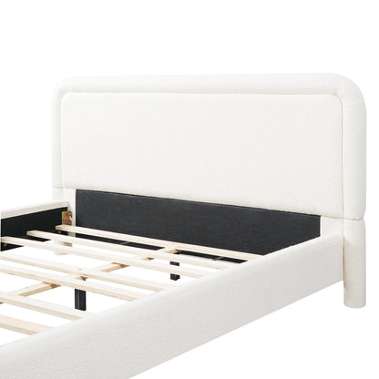 Modern White Boucle Upholstered Queen Platform Bed Frame with Curved Headboard, Wood Slats Support, No Box Spring Needed, Easy Assembly