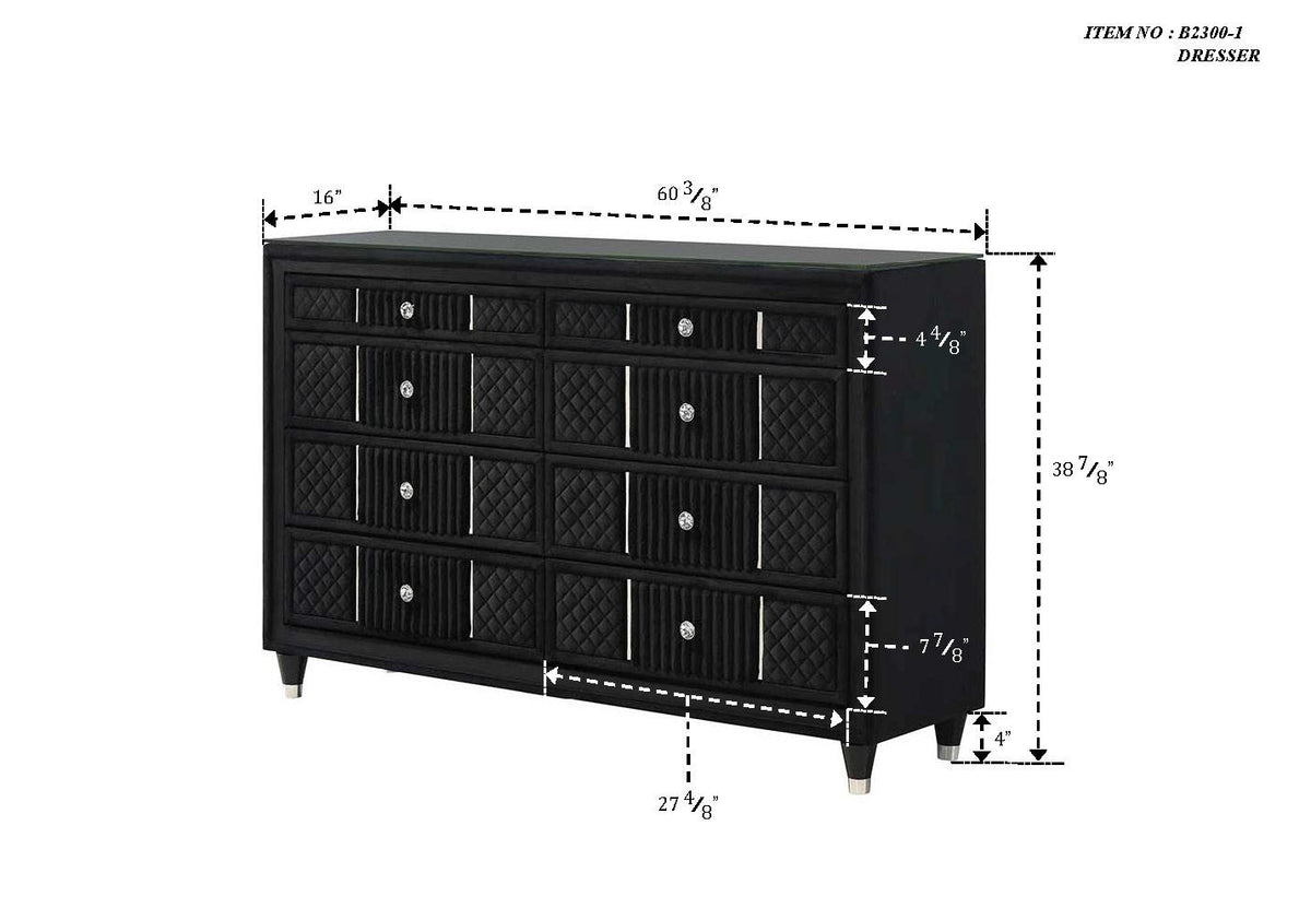 Contemporary 1pc Dresser Black Velvet Upholstery Textured Look Luxurious Feel Velvet Drawer Fronts Crystal-style Knobs