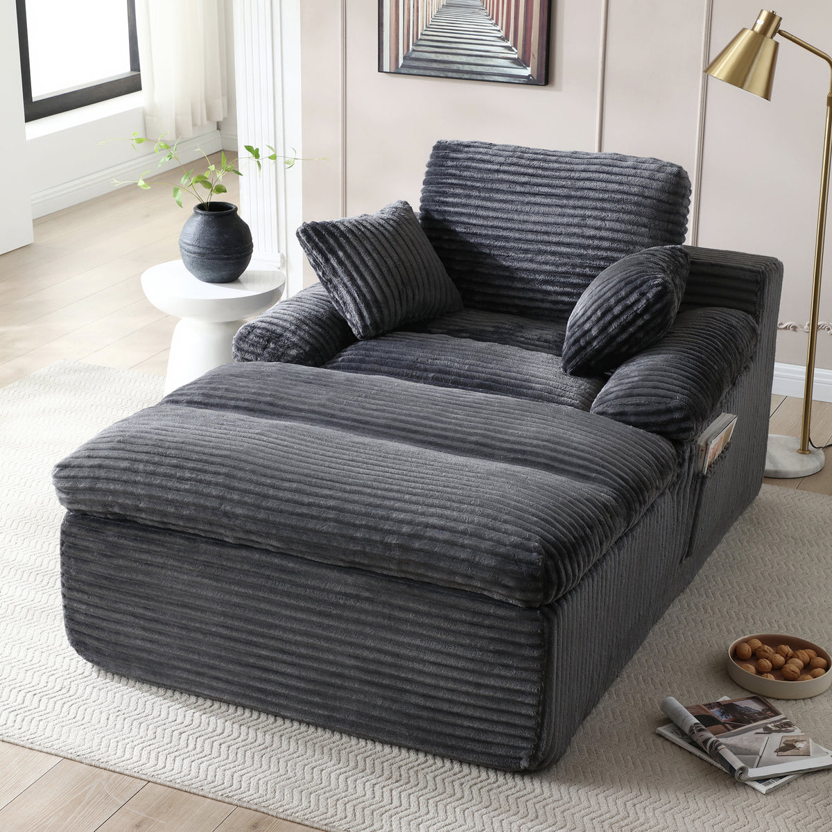 Chaise Lounge Chair Indoor, Oversized Boneless Couch,No Assembly, Wide Armrests, Dual-Layer Cushion, Cloud Reading Chair for Living Room Bedroom Apartment, Corduroy Grey