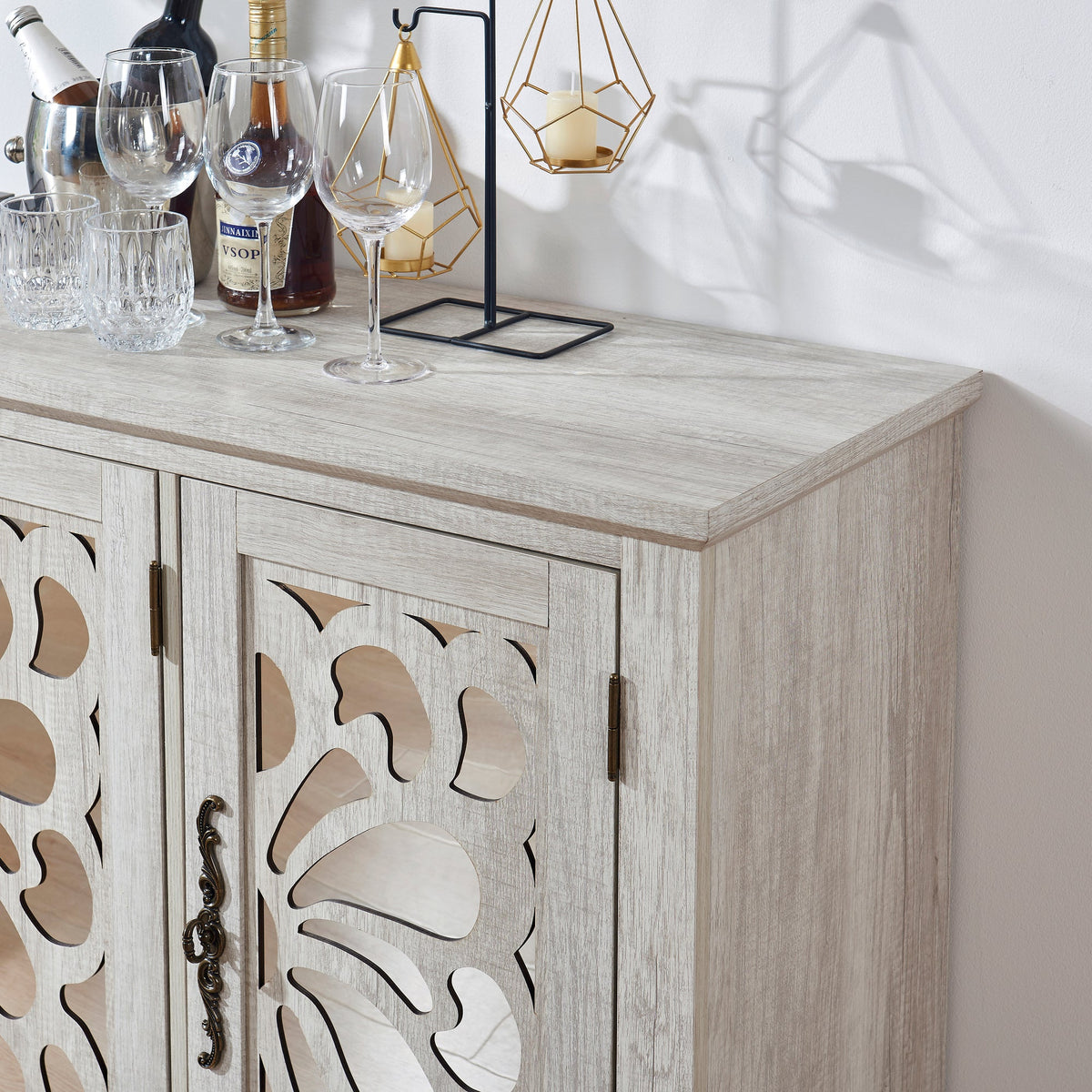 Freestanding Accent Storage Cabinet, MDF Sideboard Buffet Cabinet, Acrylic Mirror Carved Doors, Adjustable Shelf, Spacious Countertop, Anti‑Tip Straps, Easy Assembly for Living Room Hallway Kitchen