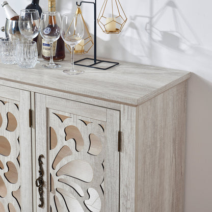 Freestanding Accent Storage Cabinet, MDF Sideboard Buffet Cabinet, Acrylic Mirror Carved Doors, Adjustable Shelf, Spacious Countertop, Anti‑Tip Straps, Easy Assembly for Living Room Hallway Kitchen