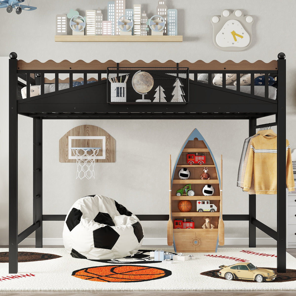 Queen Size Loft Bed with Ladders, Metal Loft Bed with Storage Shelves and bookshelf, No Box Spring Needed and Chic Design, Black