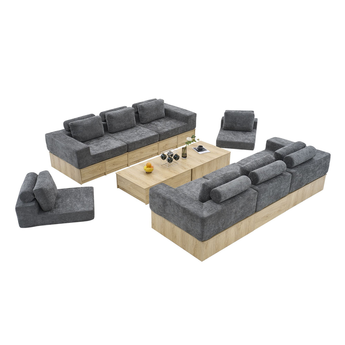 8-seat Modular Sectional Sofa with Storage Drawers, Multi-Functional L-Shaped Couch with Built-In Cabinet Base and Center Table Design, Convertible Combination Sofa Set, Modern Upholstered Sofa