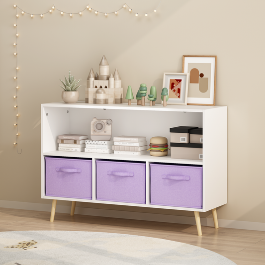 Kids bookcase with Collapsible Fabric Drawers, Children's Book Display, Toy Storage Cabinet Organizer, White/Purple