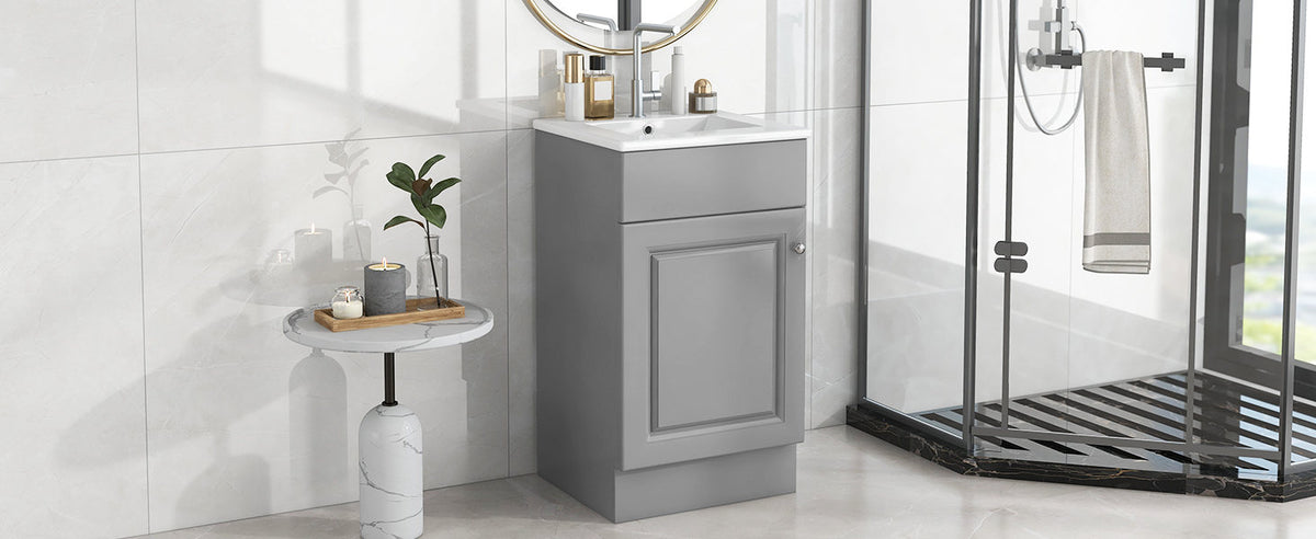 [Video] 18" Bathroom Vanity with Sink, Vanity Cabinet with Door Shelf and Adjustable Shelf, Grey