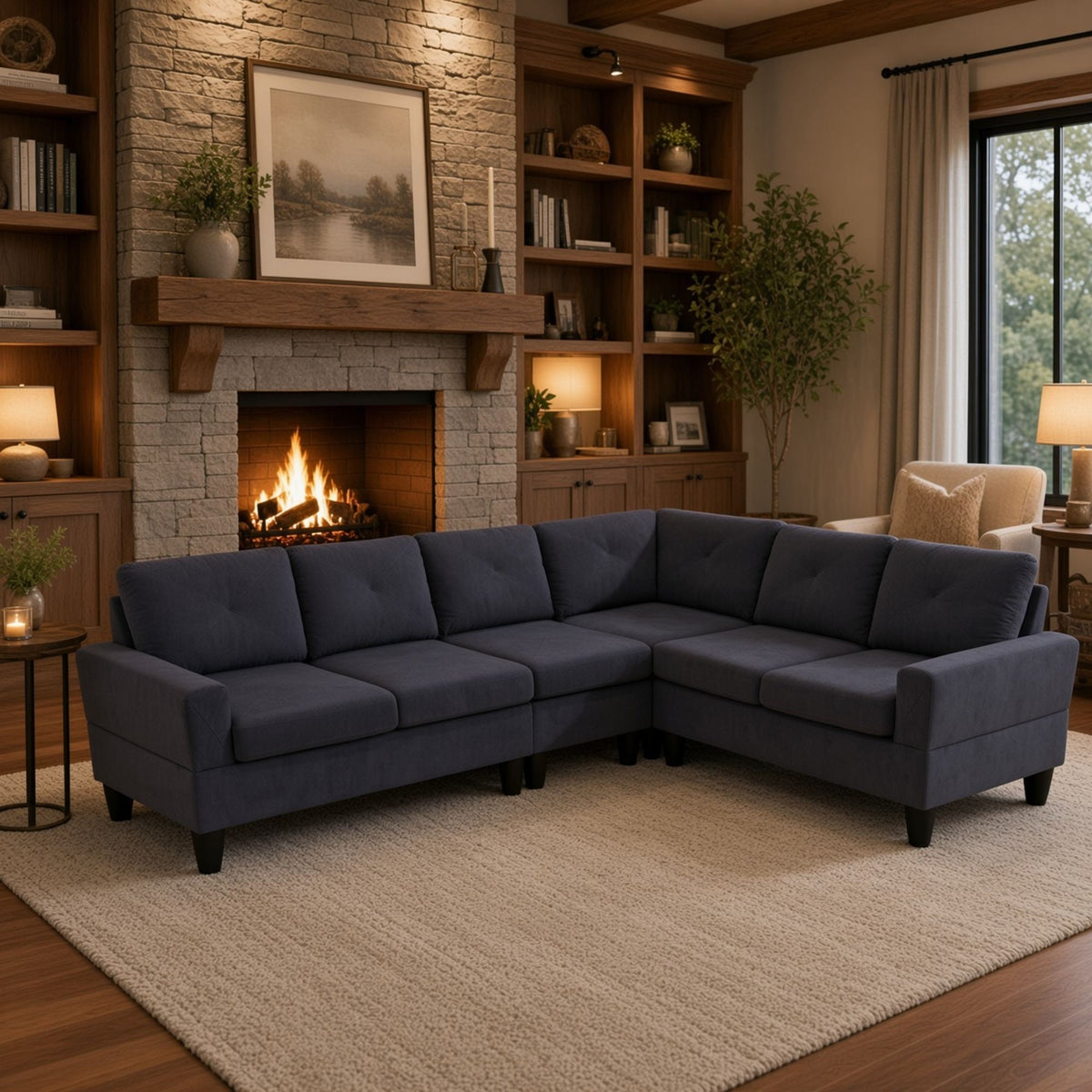 95.5 x 75 Inches Width Dark Grey Modular L-Shaped Sectional Sofa 6-Seater 4-Piece Massa Flannel Fabric Couch with Chaise