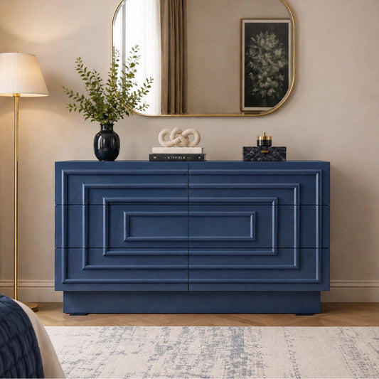 Mid Century 6-Drawer Dresser for Bedroom, 57.2" Wide Modern Push-to-Open Chest of Drawers, TV Stand for Living Room, Thickened Base,Vanity Desk, Drawers Organizer Furniture, Hallway,Deep Sea Blue