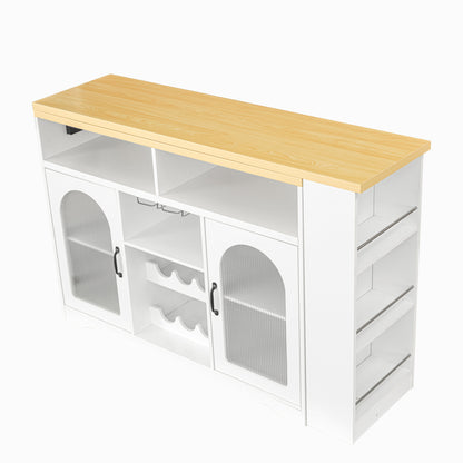 U_STYLE Sideboard with Extendable Tabletop and Wine Rack, Counter Height Bar Table with Color LED Lighting and Left-side Power Outlet, Mobile Farmhouse Wine Cabinet Cart on Wheels (Chairs Not Included