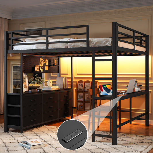 Queen Size Loft Bed with Desk, Loft Bed with Drawers, Loft Bed with Led Light and USB, Sturdy Loft bed Frame, Loft Bed with Mirror, Multi-Functional High Loft Bed for Teens Adults.Black