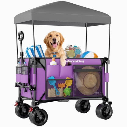 Multi-Functional Pull Folding Wagon Cart with Flexible Handle & Canopy, Heavy Duty Utility Cart with 7"x4" All-Terrain Wheels for Camping, Transport, Groceries, Sports, 520LBS/240L, Purple