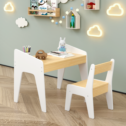 Kids Table Set with One Chair, Wooden Children Study Table, 2-8 Age Kids Funiture, White+Natural