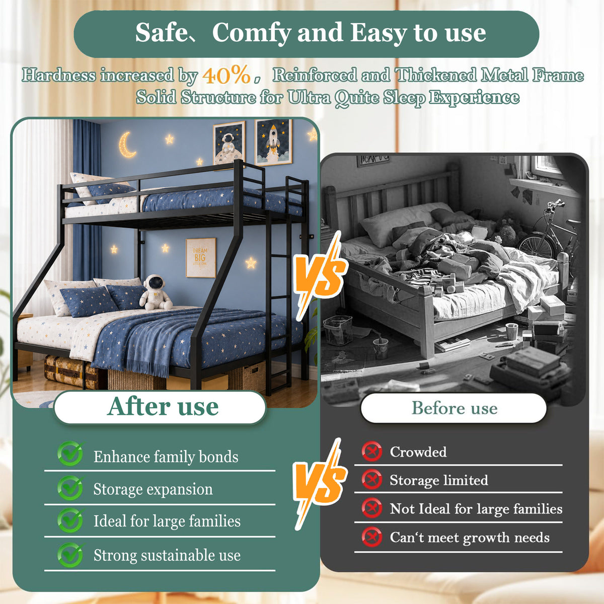 Heavy Duty Twin over Queen Metal Bunk Bed with 1200 LBS Capacity, Noise-Free Structure with Wall Mount & Anti-Slip Ladder