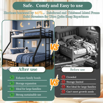 Heavy Duty Twin over Queen Metal Bunk Bed with 1200 LBS Capacity, Noise-Free Structure with Wall Mount & Anti-Slip Ladder